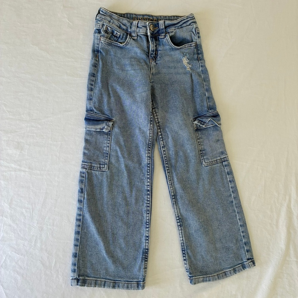 Justice Girls Size 7 Cargo Jeans Light Wash Wide Leg Distressed Denim Pants
